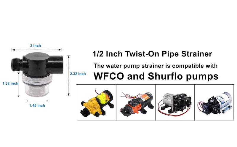 Twist-On Pipe Water Pump Strainer,RV Water Pump Filter Compatible With Shurflo Or Wfco,1/2" Npsm Inlet/Outlet With 80 Mesh Stainless Steel Filter Screen For RV Marine Replacement 2 Pack Black