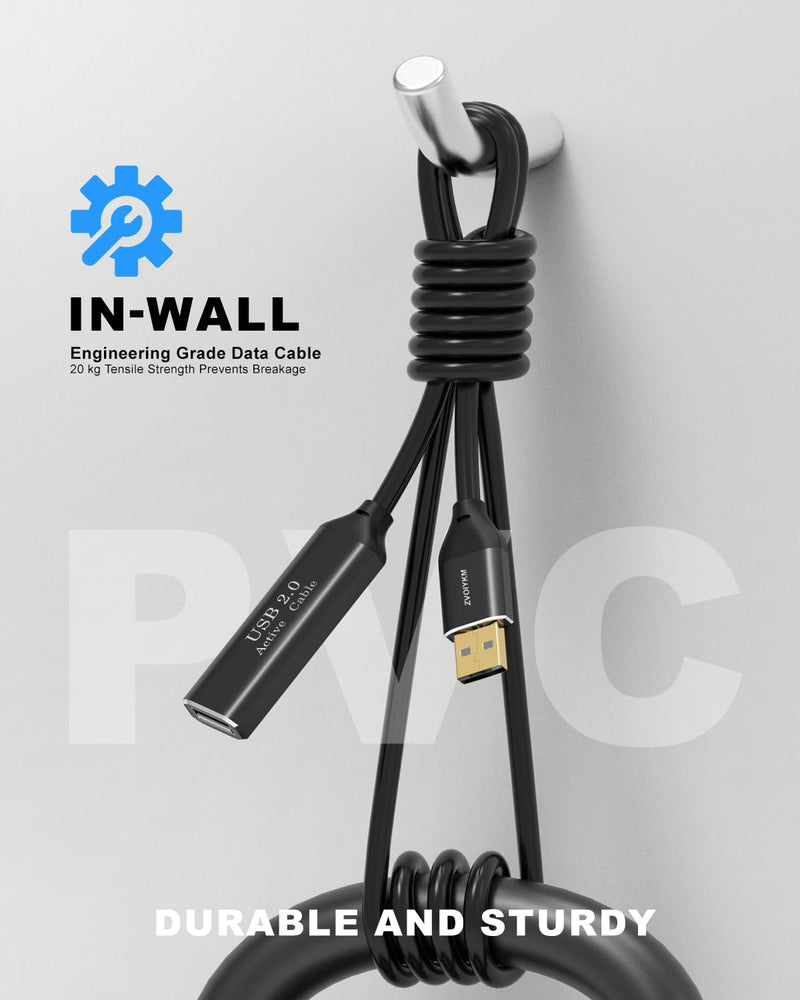 Active USB 2.0 Extension Cable 50FT(15M)with Built-in Signal Booster, 480Mbps High Speed Data Transfer Male to Female Repeater Cord, in-Wall-Long USB Extender for VR/Printer/Hard Drive/Xbox/PC 50 ft (15m)