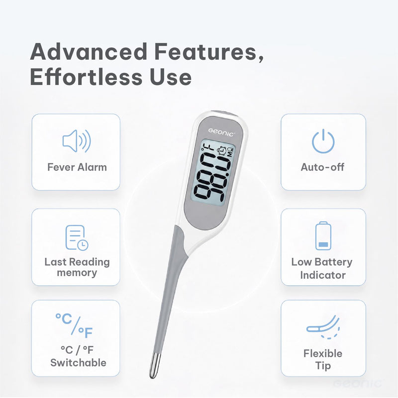 Backlit Digital Thermometer for Adults & Kids, Fast 10-Second Reading, Flexible Tip, Large 1.4 Inch Display, Waterproof, Fever Alarm, White