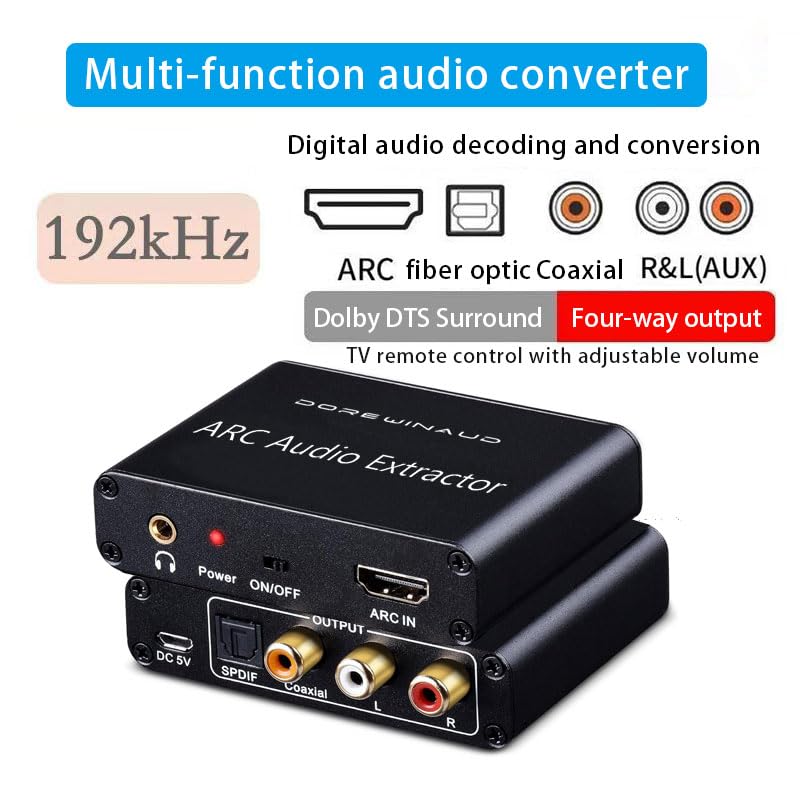 HDMI ARC Audio Converter, 192KHz / ARC to Optical/Coaxial/RCA/3.5mm Jack Compatible for TV/Projector/Speaker/Soundbar/Amplifier/Headset/Black