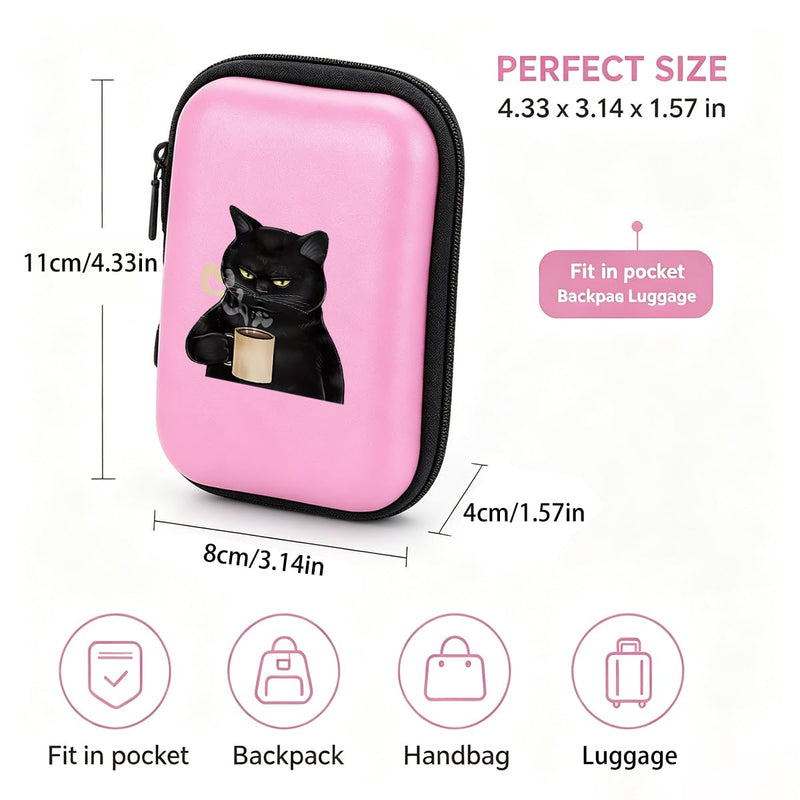 Grumpy Black Cat with Coffee Cup Print Hard Shell Electronics Organizer, Shockproof Carrying Case for Cables, Earphones, Chargers, Ideal Gift for Travel & Daily Use，4.33 * 3.14 * 1.57 inch/SNB02-026 Pink-026