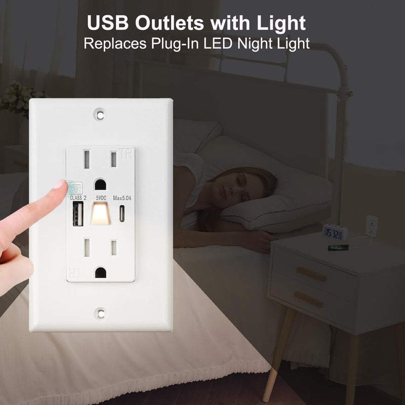 USB Outlet with Light, Modern 15A Standard Outlet with Night Light, USB Type A & Type-C Electrical Outlet with Light,Tamper Resistant(TR) Receptacle Outlet with LED Light-Easy to Install (4PCS, White) 4
