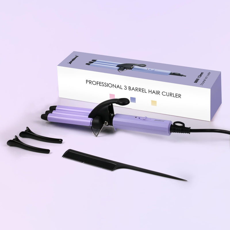 3 Barrels Mini Hair Waver for Short & Medium Hair, 13MM Curling Iron Curling Wand, 0.45lb Lightweight, Mini Size Hair Curler, Travel Friendly-Purple Mini Purple UK