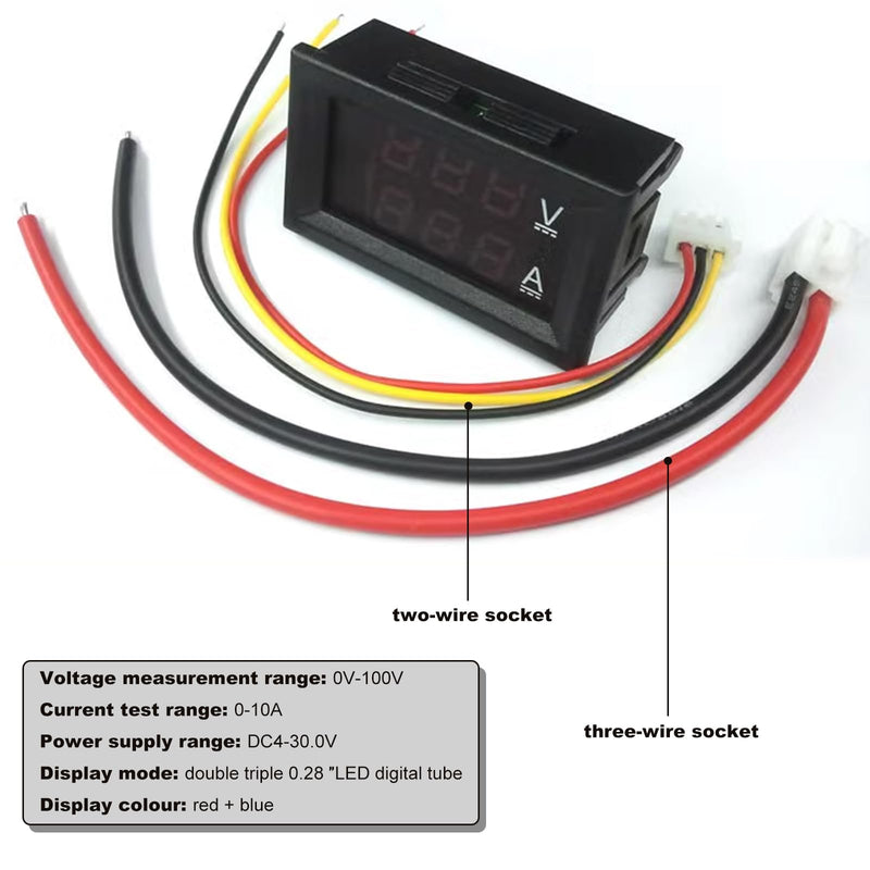 2 PCS 0.28" Digital Voltmeter Ammeter, DC 0-100V 10A 2 in 1 Volt Amp Meter with Connect Wires, Red & Blue Dual LED Display Panel Current Tester Voltage Gauge for EV Car Boat