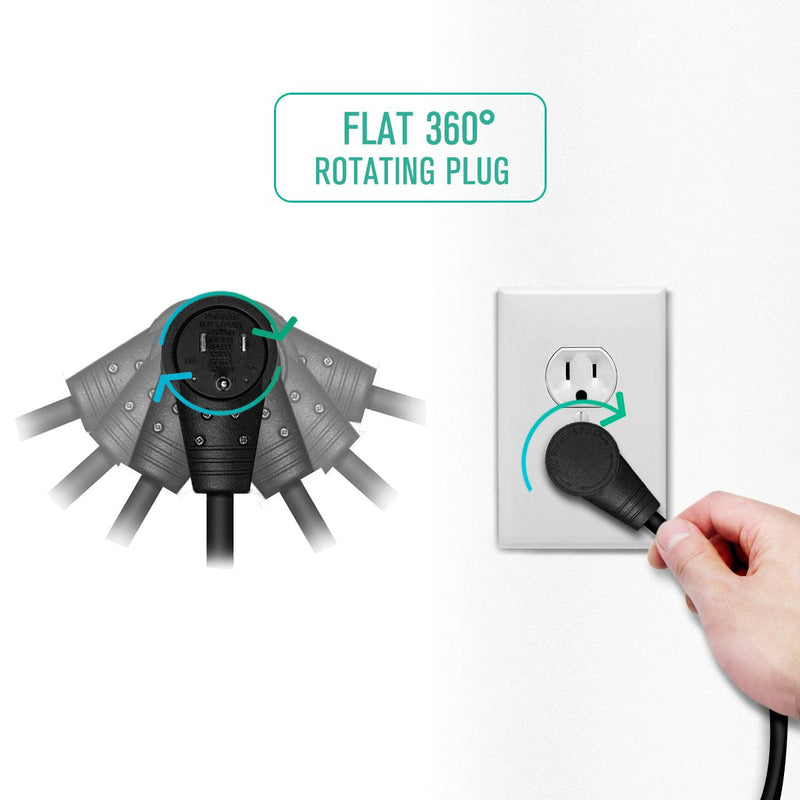 Nekteck 360° Rotating Flat Plug Extension Cord, 1 Foot, 14AWG 3 Prong, Low Profile Right Angle Power Cord Grounded Wire, UL Certified, Black (6 Pack) 6 pack