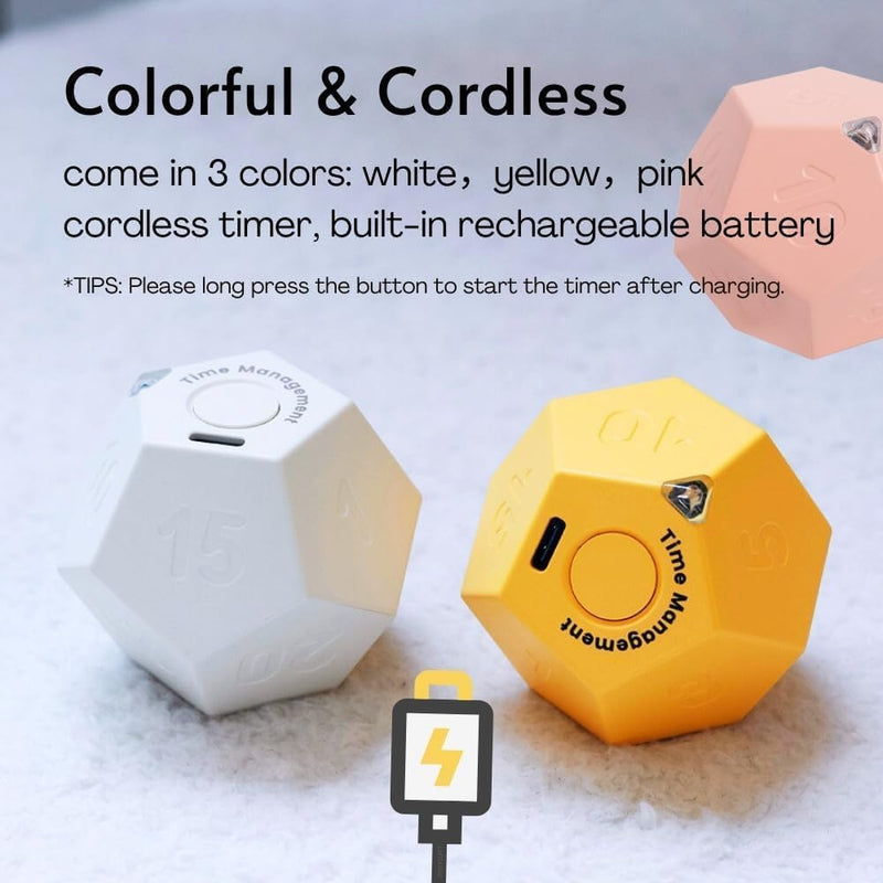 Rotating Pomodoro Timer Rechargeable Productivity Timer,Shower Timer Waterproof,Magnetic Flip Mute,Vibrate & Sound Alert,Timer for Kitchen Cooking,Kids Study,Desk,ADHD (Yellow&White&Pink) Yellow&white&pink