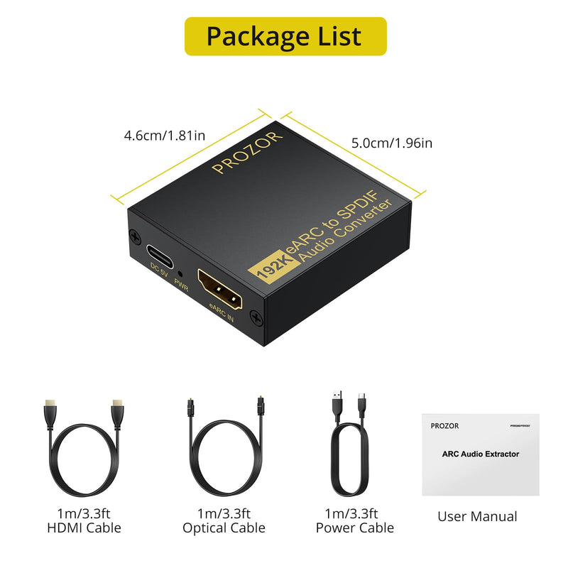 PROZOR eARC/ARC to Optical Audio Extractor, Enhanced eARC Audio Converter Supports Dolby/DTS 5.1, 192KHz HDMI eARC/ARC to Optical Toslink Adapter for TV to Soundbar Amplifier Home Theater 7ft Long eARC/ARC to Optical 7ft