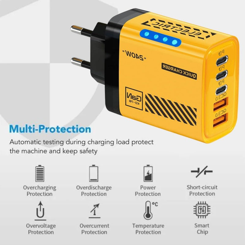 1Pcs Mini 240W Charger with 5 Ports Fast Charging Power Adapter (US,Yellow) | with Lamp Double USB Type-C+3PD 3.0 Smart Fast Charging Plug for IPhone Samsung Universal,Non-Battery US,Yellow