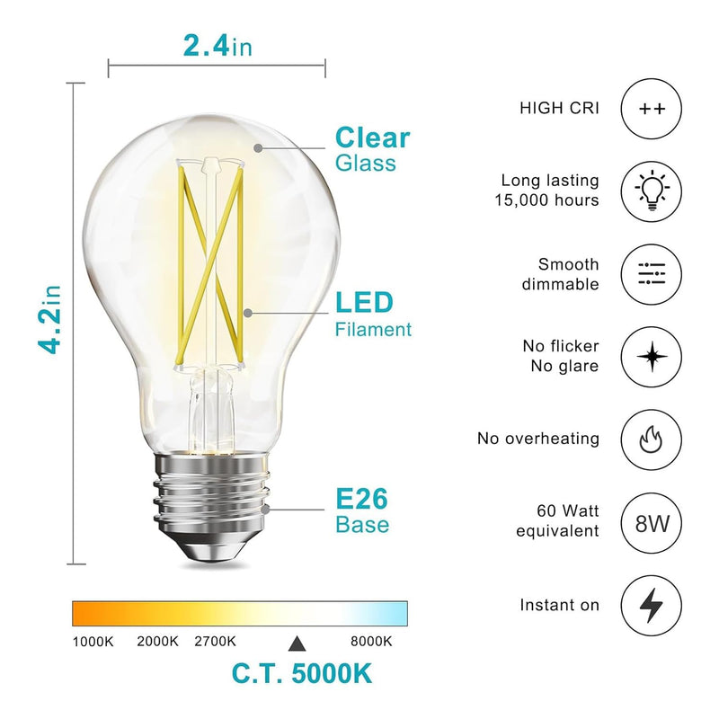 dalattin 12 Pack A19 Vintage LED Edison Bulbs, Dimmable, 60W Equivalent, High Brightness 5000K Daylight, Ultra-Bright, 8W E26 Standard Base, 800 Lumens, CRI80+, Clear Glass Filament Bulb for Home Daylight White 5000k