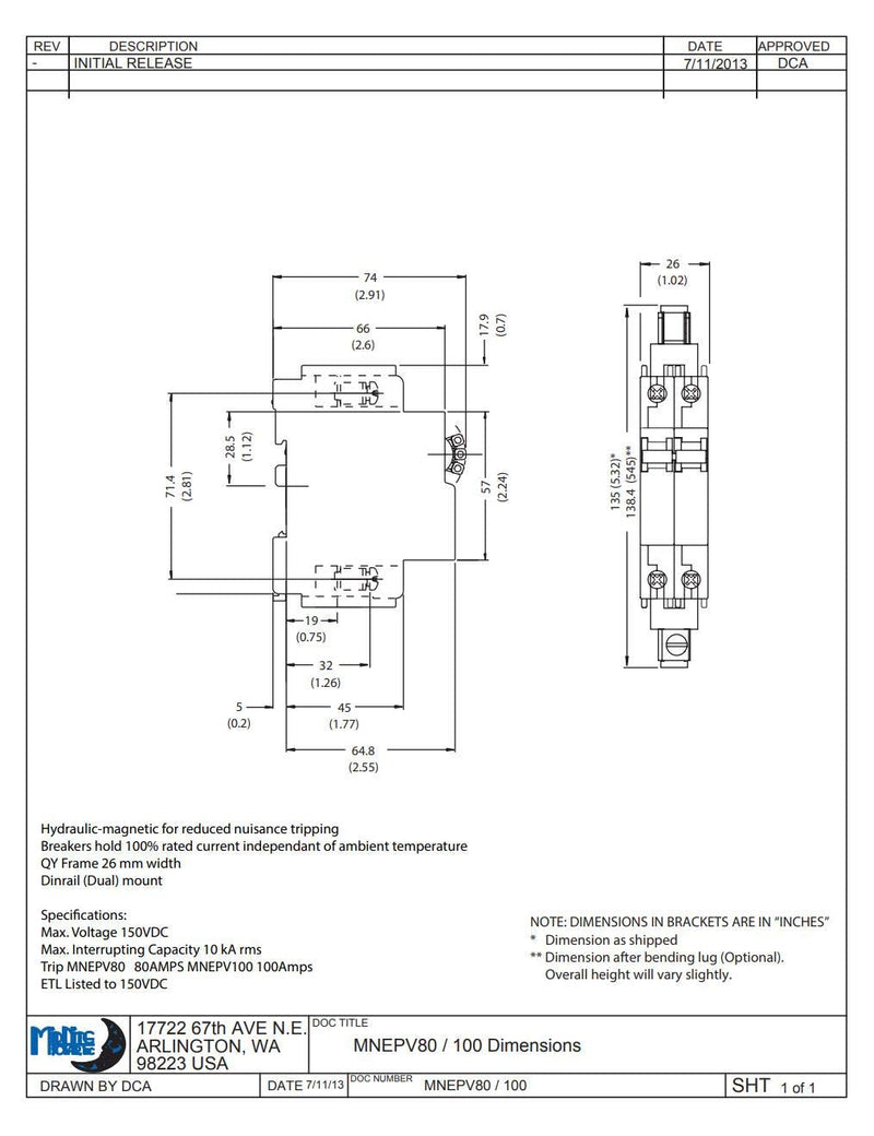 Midnite Solar Circuit Breaker, 100A 150VDC, 1-Pole, Din Mount, Model MNEPV100