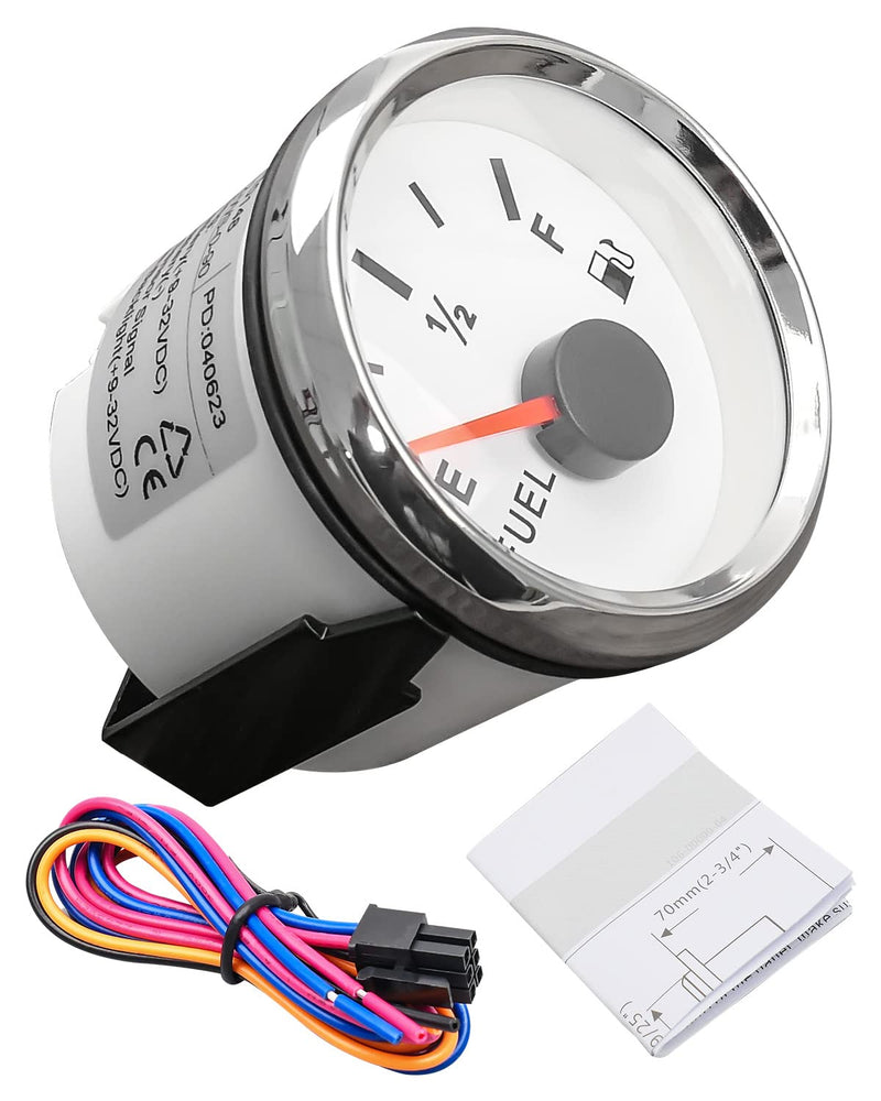 0-90 ohm Fuel Level Gauge, White Marine Boat Fuel Gauge, Automotive Gas Fuel Tank Meter Gauge for Car RV Truck Vehicle, with 52mm Dial & LED Backlight White Fuel Gauge