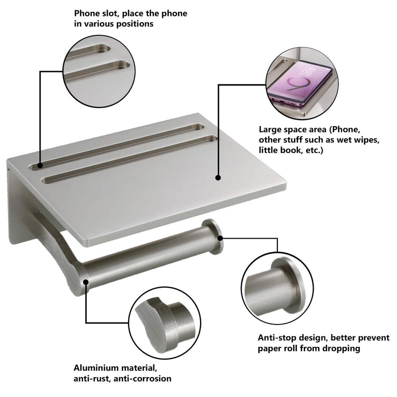 Toilet Paper Holder with Shelf, Aluminum Tissue Roll Holder with Mobile Phone Storage Shelf for Modern Bathroom, 3M Self Adhesive No Drilling or Wall-Mounted with Screws, Brushed Nickel