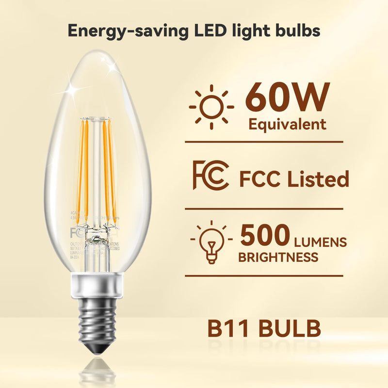 TJOY LED Candelabra Bulbs Dimmable, 60W Equivalent Chandelier Light Bulb, E12 Small Base, 4.5W 2700K Soft Warm White, B11 Vintage Filament Clear Glass Candle Light for Ceiling Fan Chandeliers, 24Pack 2700k Warm White 24 Pack