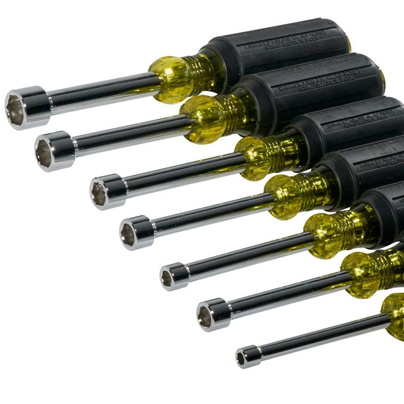 Klein Tools 631 Tool Set, Made in USA, Nut Driver Set w/Hex Nut Sizes 3/16, 1/4, 5/16, 11/32, 3/8, 7/16 and 1/2-Inch on 3-Inch Full Hollow Shaft, 7-Piece Non-Magentic