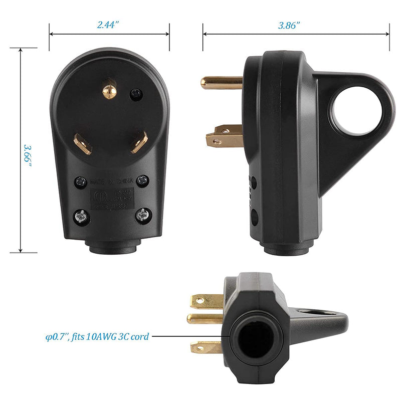 Veepeak 30 Amp RV Plug Male Replacement TT-30P Heavy Duty 125V 30A Rated 3 Prong Electrical Power Connector Extension Cord End with Easy to Grip Handle 30M