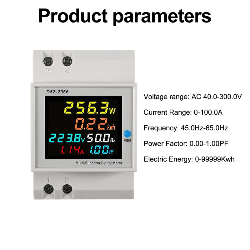 AC Power Meter Digital Voltmeter Ammeter AC 40-300V 100A Din Rail Frequency Factor Current Ampere Voltage Energy Display 6 in1 Single Phase Multifuction Electricity Usage Monitor (External CT) External CT