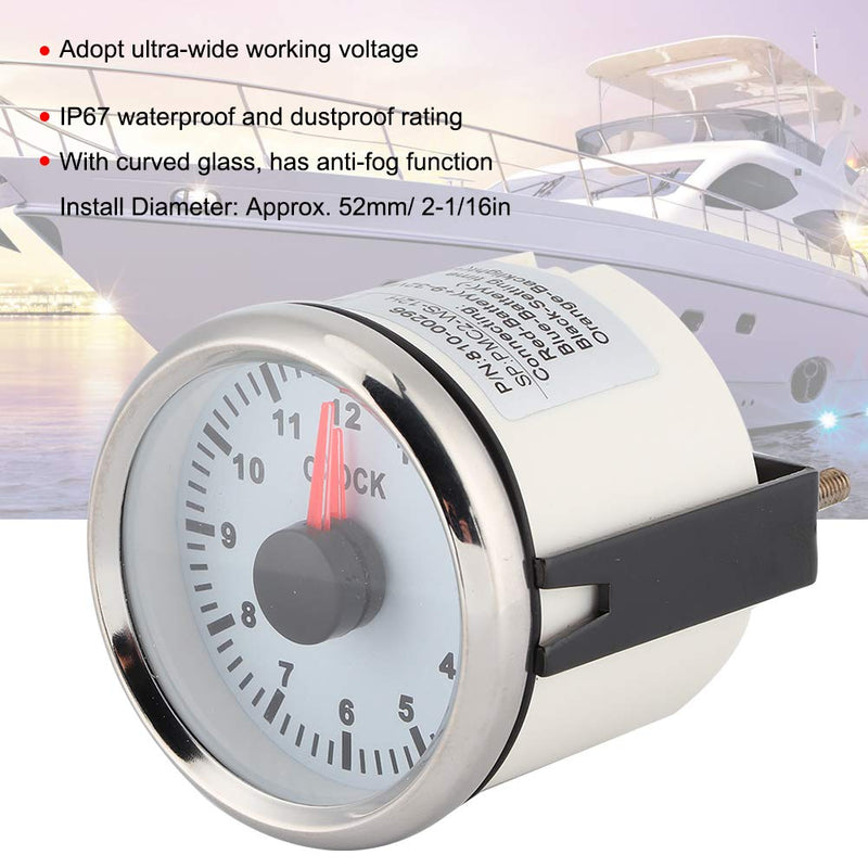 Dashboard Time Clock, 2in Universal 0-12 Hourmeter Clock Instrument Panel Gauges Display Red Backlight 12V/24V for Car Boat Yacht (White Dial Silver Frame)