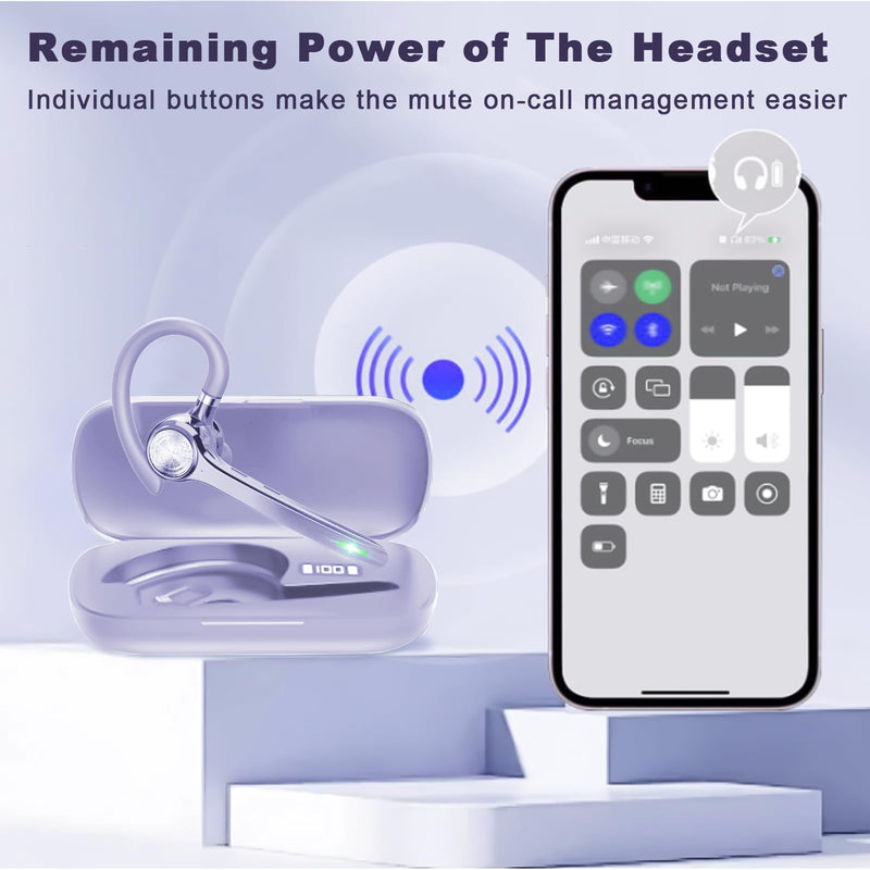 HEIBAS Bluetooth Headset, Wireless Earpiece with Mic for Work | 72H Playtime, 500mAh Charging Case, Hands-Free Calling with Mute Button for Work, Trucker, Office, Driving, Lilac Purple