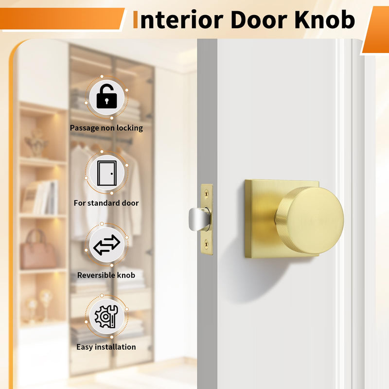 Probrico Gold Door Knobs Interior, Brushed Brass Passage Door Knob for Hallway Closet, Square Closet Door Knob with Round Knob, 3 Pack Brushed Gold