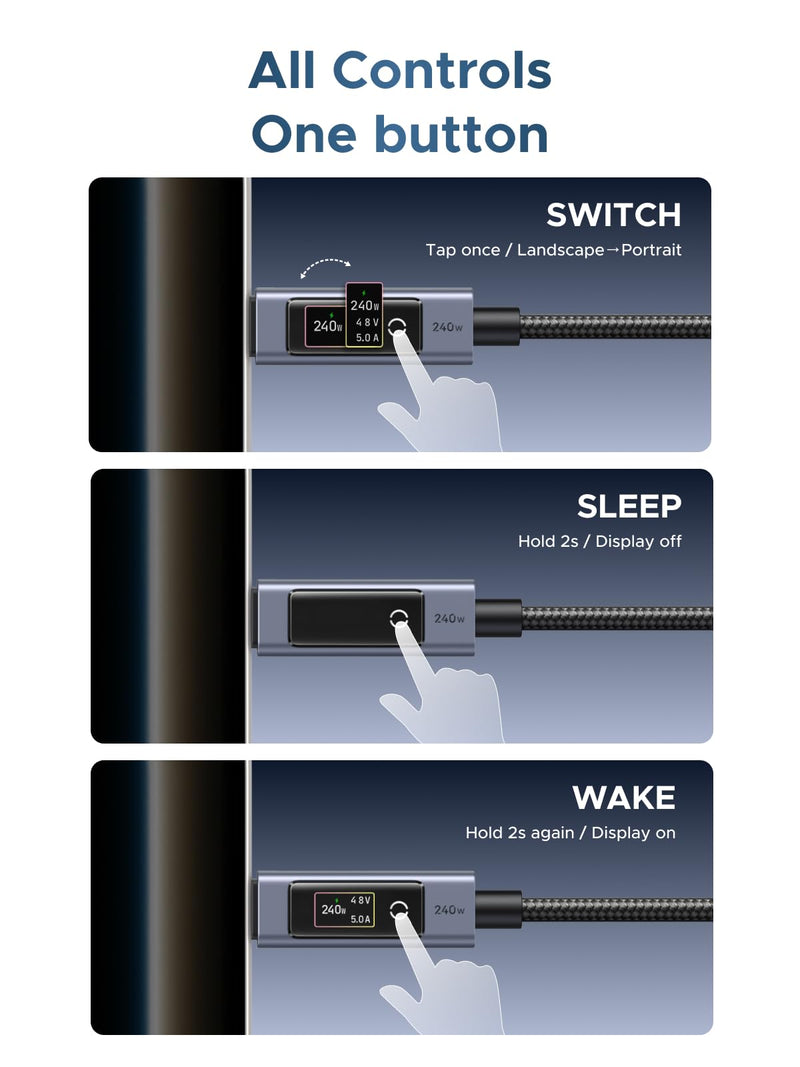 UGREEN Nexode 240W USB-C to USB-C Cable with TFT Smart Display, 6.6ft | Tap to rotate, long-press off. Nylon braided + aluminum. 480Mbps sync. For iPhone, MacBook, Galaxy, Pixel, XPS, Switch & more 1