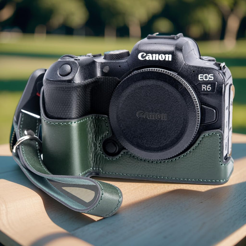 for Canon EOS R6/R6II Camera Case,Handmade Genuine Real Leather Half Camera Case Bag Cover for Canon EOS R6/R6II Camera Bottom Opening Version + Hand Strap (Vintage Green) Vintage green