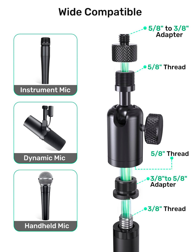 Ball and Socket Head Microphone Adapter with 360° Swivel Angle Adjustment | up to 2kg(4.4 lbs) / All-metal construction / Supports Shure SM7B and other heavy mics