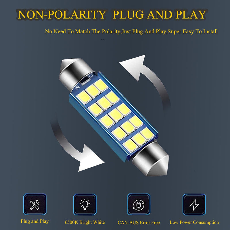 Pack-4 578 LED Extremely Bright Bulbs, 1.59" 6500K 2835 Chipsets 400LM Bulbs for LED Interior Dome Map Door Lights 211-2 212-2 569 6411 6451 41mm 42mm (White) 4 PCS White