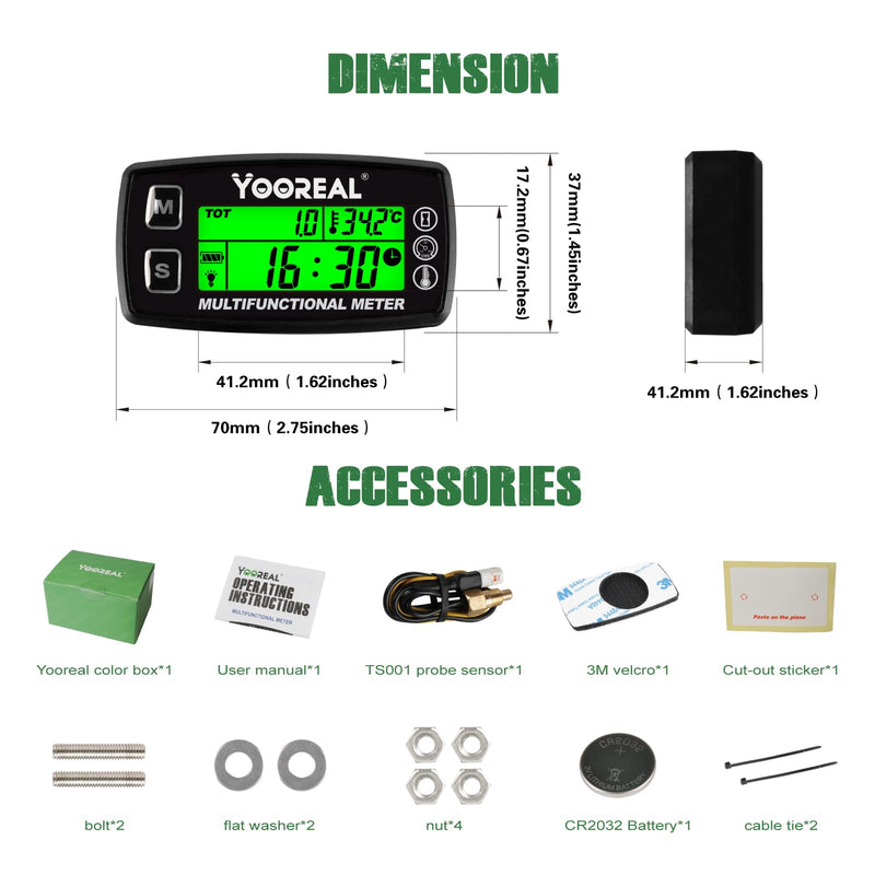 Yooreal Engine Water Oil Temperature Gauge Digital Tachometer Hour Meter,Alert RPM & Temp,Backlights Display for Lawn Tractor Compressor Generator Snowmobile Marine Jet Ski Pit Bike Liquid thermometer