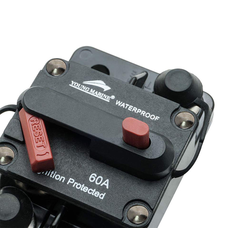 Young Marine Circuit Breaker for Boat Trolling with Manual Reset,Water Proof,12V- 48V DC Surface Mount-60A