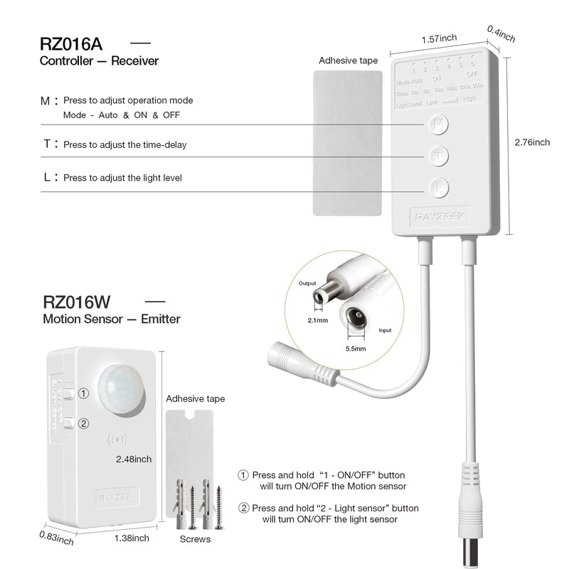 RAYZEEK Wireless Motion Sensor Controller Kit - No Wiring Mini PIR Sensor Switch 12/24VDC RF Wireless Control Led Strip Lights with Dimmable, Timer for Stairway Controller*1+Motion Sensor*1