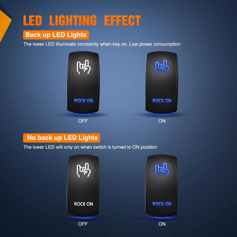Nilight Rock On Rocker Switch Led Light Bar 5 Pin Laser ON/Off SPST switches 20A/12V 10A/24V Blue with Jumper Wires Set for Cars Trucks Boats ATVs UTVs RVs