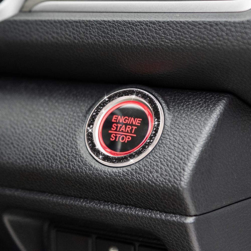Bling Car Crystal Rhinestone Ring Emblem Sticker, Car Interior Decoration, Bling Car Accessories for Women, Push to Start Button, Key Ignition Starter & Knob Ring (Black) H-dark Black