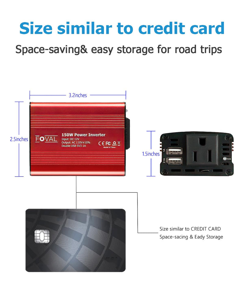 FOVAL 150W Car Power Inverter 12V DC to 110V AC Converter Vehicle Adapter Plug Outlet with 3.1A Dual USB Car Charger for Laptop Computer (Classic Red) Classic Red