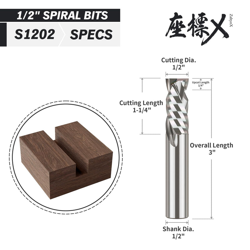 ZahyoX 1/2 Inch Compression Spiral CNC Bit, 1/2" Cutting Dia, 1/2" Shank, 1-1/4" Cutting Length, 3" Overall Length, CNC Router Bits, Plunge Cut End Mill / 1-1/4"CL