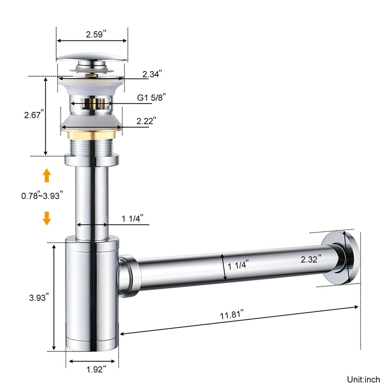 Bathroom Sink P-Trap Complete Set, Height Adjustable Bottle Trap with Pop Up Drain Stopper with Overflow, Chrome With Overflow Drain
