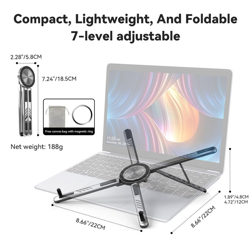 Portable Laptop Stand, Aluminum Foldable Adjustable Laptop Lifter with Magnetic Phone Stand, Compatible with 10-16 inch laptops, 4-13 inch Phones, and Tablets，(Grey)