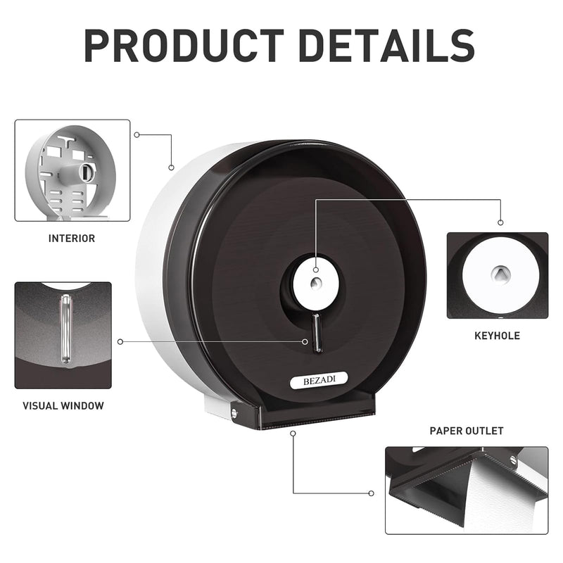 Jumbo Roll Toilet Paper Dispenser Wall Mount Waterproof No-Drill for Restrooms with Lock ABS Black 51018 Black-1