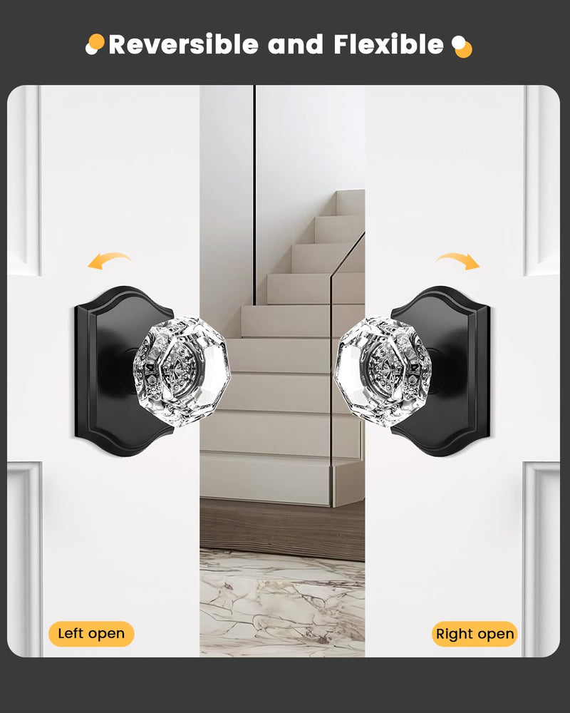 Gobrico Matte Black Dummy Crystal Door Knobs, Single Side No-Turning Glass Door Handles, 2 Pack Inactive Diamond Octagonal Knob Sets