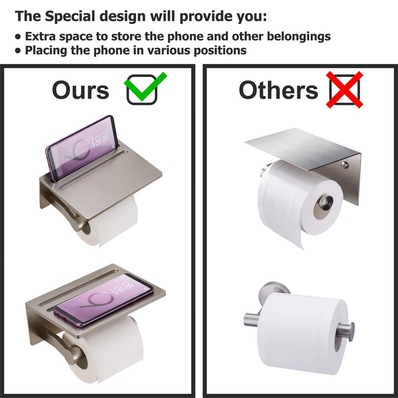 Toilet Paper Holder with Shelf, Aluminum Tissue Roll Holder with Mobile Phone Storage Shelf for Modern Bathroom, 3M Self Adhesive No Drilling or Wall-Mounted with Screws, Brushed Nickel