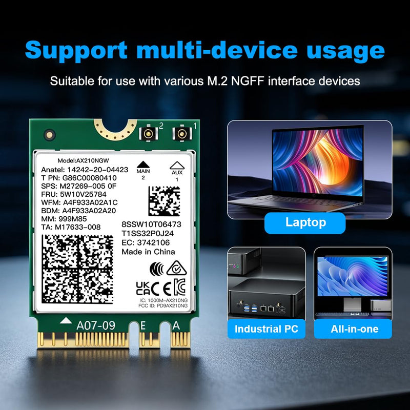 WiFi 6E AX210NGW M.2 Card, 6GHz Low Latency Gaming Streaming, Windows 10/11 | NGFF M.2 Key A+E, Up to 5400Mbps Ultra-Fast, Tri-Band 2400/2400/574Mbps, Bluetooth 5.4, WPA3, Easy Setup for Laptop Upgrade