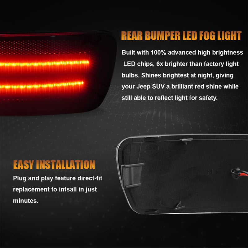 D-Lumina Rear Bumper LED Reflectors Light Lamp Assembly Fog Light Kit Compatible with Je-ep Grand Cherokee, Compass, Patriot ＆ Dodge Journey, Rear Bumper Reflector Light Smoked Len Foglamp, Pack of 2 Smoked Lens
