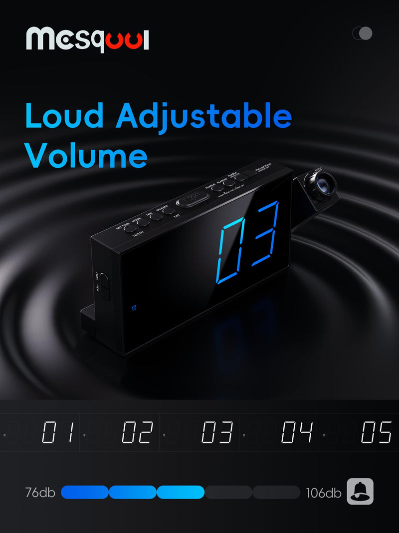 Mesqool Projection Alarm Clock, Loud Vibrating Alarm Clock for Heavy Sleepers, Adjustable Projection Brightness,Hearing Impaired & Deaf People, Digital Alarm Clock with USB Charging Port with Projection & Bed Shaker Blue Digits; Blue Projection