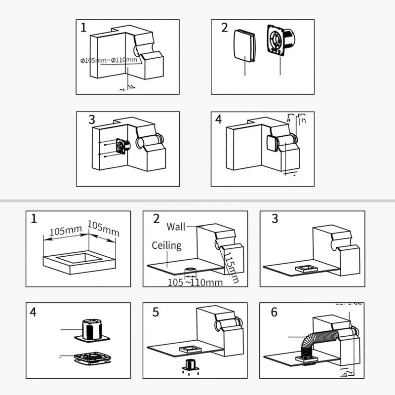4 Inch Wall-Mounted Exhaust Fan, 12W Ventilation Extractor with Anti-backflow Check Valve Chain Switch for Window Duct Glass Grow Tent Bathroom Vents - 6"×6" Grid Panel - Small Size Φ4 Inch with Rope Switch