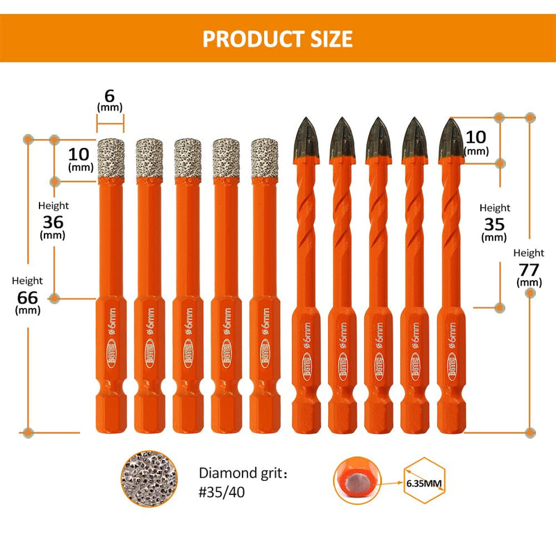 BGTEC Dry Diamond Drill Bits Set - 1/4" 6mm 5pcs Tile Cutter Hole Saw and 1/4" 6mm 5pcs Carbide Tip Drill Bits for Granite Marble Porcelain Ceramic Glass 6mm*5+6mm*5 10
