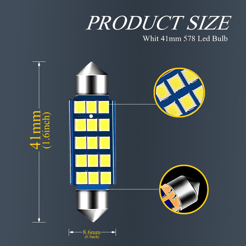 Pack-4 578 LED Extremely Bright Bulbs, 1.59" 6500K 2835 Chipsets 400LM Bulbs for LED Interior Dome Map Door Lights 211-2 212-2 569 6411 6451 41mm 42mm (White) 4 PCS White