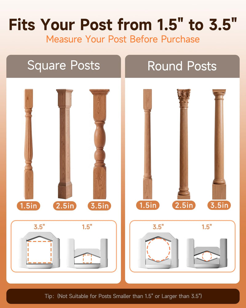 No Drill Baby Gate Banister Adapter, Upgraded Mounting Kit for Stairway, Fits Round & Square Posts 1.5"–3.5", for Most Baby & Dog Gates, No Holes in Your Posts, White