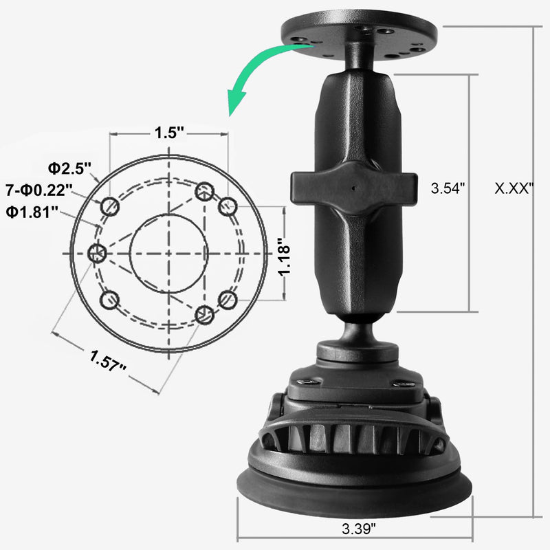 Aluminum 1"/B Size Double Ball Mount with Suction Cup Base and AMPS Round Plate, Powerful Suction for Car/Boat/Truck Windscreen/Windshield, Dashboards