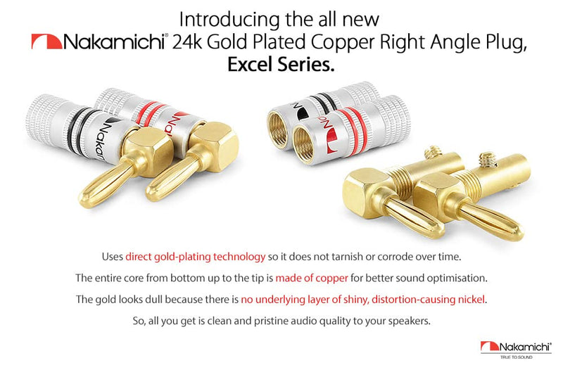 Nakamichi Excel Series 24k Gold Plated Right Angle Banana Plug 12-18 AWG Gauge Size 4mm for Speakers Amplifier Hi-Fi AV Stereo Home Theatre Audio Wire Cable Screw Connector, 4 Pcs (2-Pairs) 4 Pcs (2-Pairs)