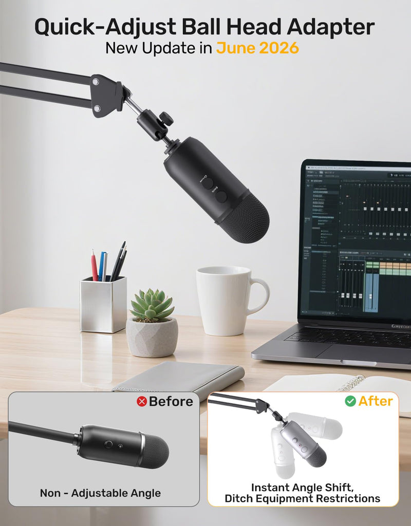 Ball and Socket Head Microphone Adapter with Angle Adjustment | 360° pan, 90° tilt, dual lock with texture, universal threads, aluminum, light & tool-free.