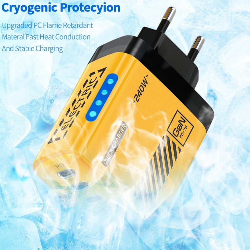 1Pcs Mini 240W Charger with 5 Ports Fast Charging Power Adapter (US,Yellow) | with Lamp Double USB Type-C+3PD 3.0 Smart Fast Charging Plug for IPhone Samsung Universal,Non-Battery US,Yellow